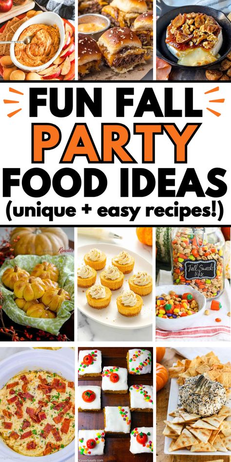 Easy fall party food ideas for an autumn harvest party, fall birthday party, or holiday celebration, including recipes for side dishes, appetizers, desserts, and crockpot main dishes that feed a crowd. Food For Fall Birthday Party, Creative Fall Food Ideas, Church Fall Festival Food Ideas, Fall Festival Recipes, Fall Festival Party Food, Fall Harvest Food Ideas, Fall Birthday Party Food Ideas For Kids, Outdoor Fall Food Ideas, Harvest Festival Food Ideas