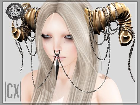 |CX| Hundred Chains Horns  *Original Unisex Mesh Accessory     *Comes in 3 different versions for each color:  Plain Horns  Chained Horns  Chained Horns + Septum     *Comes in different colors Horn Accessories Drawing, Horn Jewelry Tiefling, Tiefling Horn Jewelry, Horns With Jewelry, Horn Styles, Horns Accessories, Horn Accessories, Fantasy Oc, Demon Costume