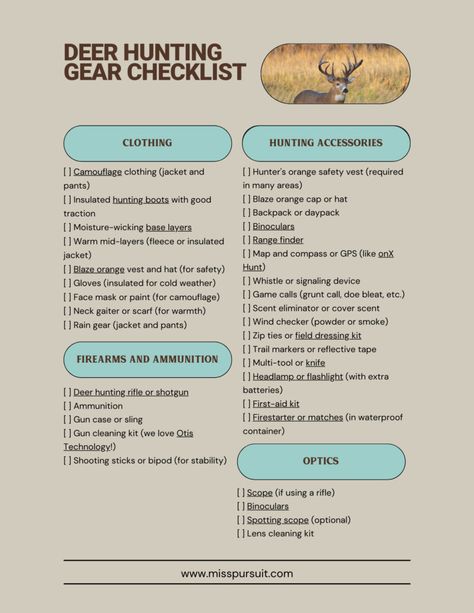 Deer Hunting Gear Checklist: With Printable:: Here's a printable checklist of essential hunting gear items for deer hunting. Customize it based on your specific needs & hunting location. Deer Hunting Essentials, Duck Hunting Dogs, Hunting Essentials, Weather Games, Deer Hunting Tips, Duck Hunting Gear, Deer Hunting Gear, Camouflage Outfits, Hunting Tips