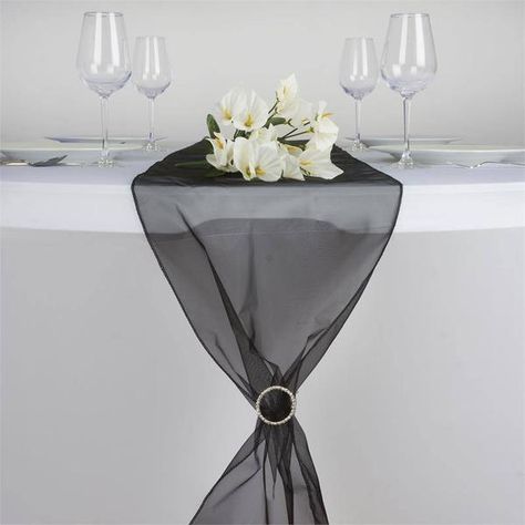 14" x 108" Organza Table Runner - Black | eFavorMart Organza Table Runner, Romantic Wedding Receptions, Party Catering, Stylish Tables, Beautiful Centerpieces, Wedding Catering, Restaurant Decor, Table Decoration, Unique Weddings