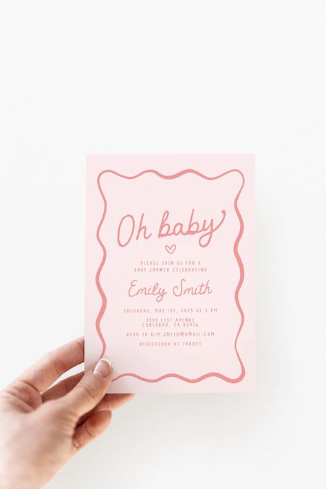 Baby Shower Aesthetic Girl, Wavy Invitation, Baby Girl Shower Invites, Baby Shower Aesthetic, Aesthetic Invitation, Baby Shower Invitations Girl, Wavy Aesthetic, Baby Girl Shower Invitations, Pink Invite