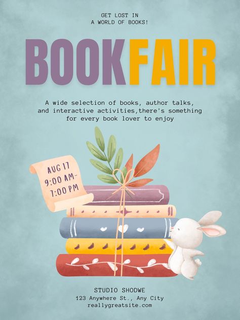 Pale Turquoise Illustrated Book Fair Poster - Templates by Canva Book Fair Advertisement, Book Event Poster, Book Sale Poster Design, Book Fair Poster Design, Bookfair Poster, Book Fair Poster, Book Club Poster, Ancestry Book, Fair Poster