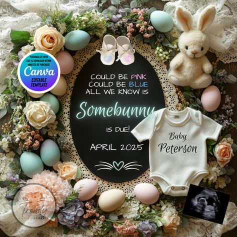 Could it be pink? Could it be blue? All we know is that somebunny is due, and what better way to announce this exciting news than with our customizable spring-themed design. Whether you're expecting a Spring Baby or an April Baby, this adorable Easter template is sure to bring smiles and warm hearts. Option 1: Customize the announcement yourself with easy editing options in Canva. Make it uniquely yours, then instantly download it for sharing on social media or print it out as a special keepsake Could Be Pink Could Be Blue Announcement, April 2025 Baby Announcement, May Baby Announcement Ideas, Spring Baby Announcement Ideas, April Pregnancy Announcement, Pregnancy Announcement Spring, Spring Baby Announcement, Spring Pregnancy Announcement, Easter Baby Announcement