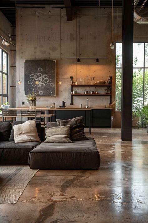 29 Industrial Living Room Ideas for a Contemporary and Cool Home 2 Concrete Industrial Interior, Industrial House Interior Design, Contemporary Industrial Interior Design, Industrial Aesthetic Interior Design, Industrial House Decor, Industrial Interior Design Living Room, Rustic Industrial Home, Industrial Living Room Ideas, Midcentury Industrial