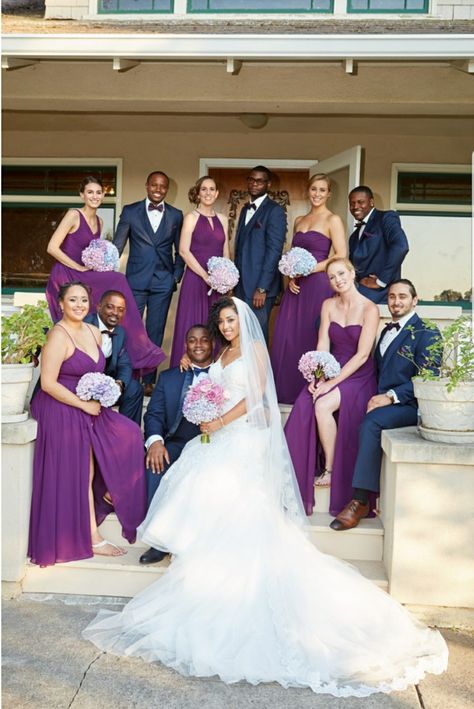 Navy Blue and Wine Purple Wedding   Bride - RK Bridal Bridesmaids - Azazie Groomsmen - Generation Tux Groom - Custom Local Tailor Royal Blue And Purple Bridal Party, Purple Navy And Gold Wedding, Navy Blue Purple And Silver Wedding, Purple Bridesmaids Blue Groomsmen, Navy Blue Tux With Purple Dress, Royal Blue And Purple Wedding Theme Bridesmaid Dresses, Purple Color Wedding Theme, Blues And Purple Wedding, Royal Blue Purple Wedding