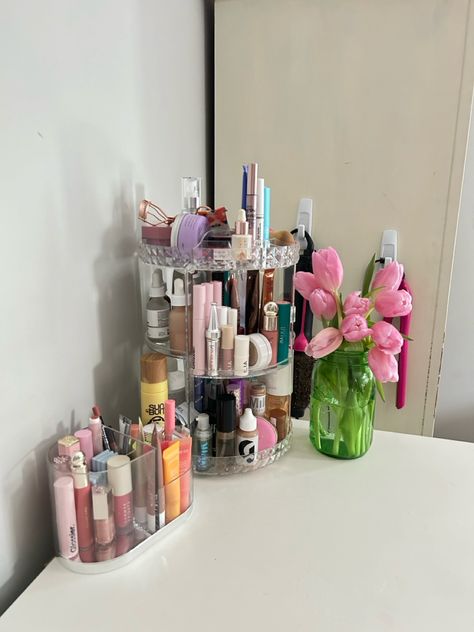 #flowers #tulips #desk #vanity #makeup #organization #skincare Turntable Makeup Organizer, Makeup Organization Desk, Makeup Desk Organization, Bathroom Makeup Organization, Lazy Susan Makeup Organizer, Small Space Makeup Vanity, Bedroom Organizers, Cosmetics Organization, Makeup Storage Desk