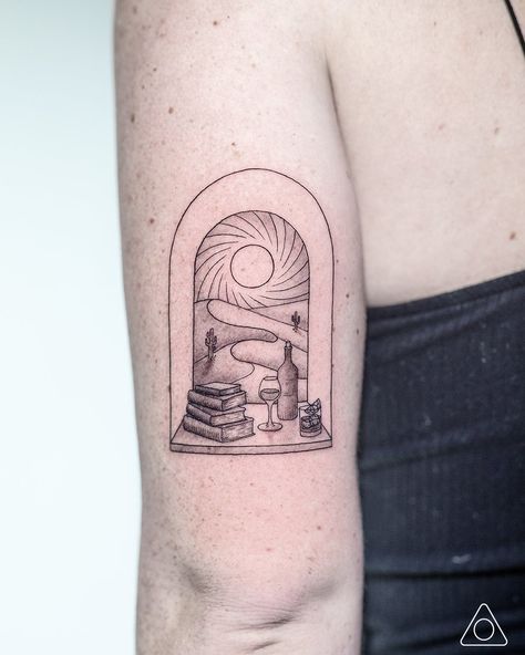 Fine line geometric tattoo of a beautiful scene through an arched window with books, wine & whiskey. Window Seal Tattoo, Window Tattoo Minimalist, Window Scene Tattoo, Small Window Tattoo, Arched Window Tattoo, Arch Window Tattoo, Window Pane Tattoo, Windowsill Tattoo, Window Frame Tattoo