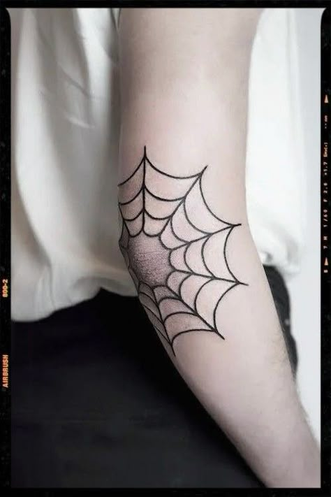 Spider Web Elbow Tattoos For Women, Knee Spider Tattoo, Spiderweb Arm Tattoo, Spider Net Tattoo Elbow, Spiderweb Tattoo On Shoulder, Traditional Spider Web Tattoo Elbow, Spider Tattoo Elbow, Spooky Elbow Tattoo, Spider Webbing Tattoo