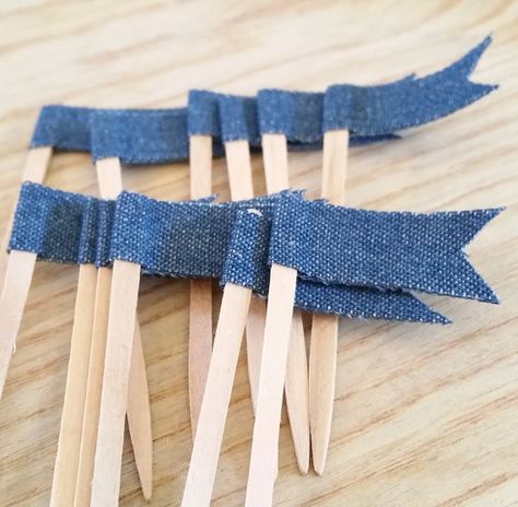 Denim Cupcake Topper Cupcake Pennant Flag Wooden by ThePartyApple Denim Themed Party, Blue Jean Wedding, Denim Baby Shower, Denim And Pearls, Diamond Theme, Jeans Wedding, Denim Party, Denim Wedding, Diamond Party