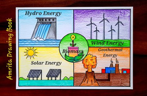 Video Tutorial uploaded on Amrita Drawing Book Channel. Subscribe for more creative Drawings and School Projects #renewable #energy #sourceofenergy #science #amritadrawingbook #Youtube #drawing #conservation #poster Renewable Energy Sources Poster, Saving Energy Poster, Conservation Of Resources Poster, Renewable Energy Drawing, Save Energy Poster Creative, Science Poster Making Ideas, Energy Conservation Painting, Science Related Drawings, Energy Conservation Drawing