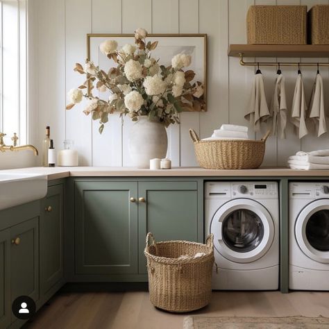 Laundry Room Wooden Cabinets, Forest Green Laundry Room Ideas, Laundry Room Design Sage Green, Boho Farmhouse Mudroom, Earthy French Country, Green And Cream Laundry Room, Italian Laundry Room, Nordic Laundry Room, Soft Home Aesthetic