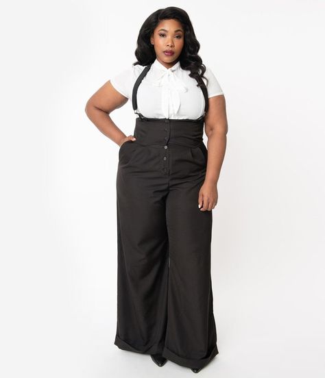 Get the gang together, dolls! Stay a step ahead of the fuzz with these fabulous plus size suspender pants from Unique Vintage, boasting a jet black silhouette. Crafted in a marvelously woven fabric blend, the Thelma Pants feature a wide banded high waist cinched in with a darling button up front and secured by adjustable suspender straps, easily removable for versatile wear. Deep side pockets and wide legs with rolled cuffs make it easy to dust out! Available in sizes XS-5X while supplies last.[Collection] Modest Plus Size Fashion, Size 16 Women, Vintage Plus Size, Suspender Pants, Black Silhouette, Wide Legs, Look Chic, Edgy Fashion, Casual Fall