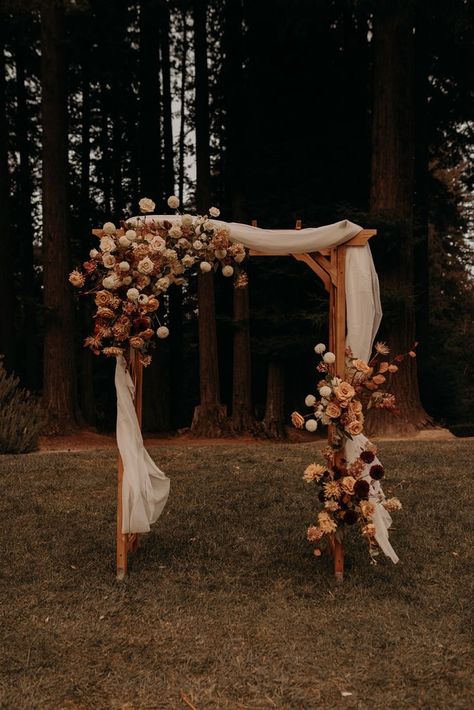 Autumnal Boho Wedding, Wooden Alter Wedding, Wedding Arbor Rustic Fall Ceremony Arch, Fall Wedding Circle Arch Flowers, October Wedding Backdrop, November Wedding Backdrop, Rustic Boho Wedding Ceremony, Boho Wedding Arbor Flowers, Fall Forest Wedding Ceremony