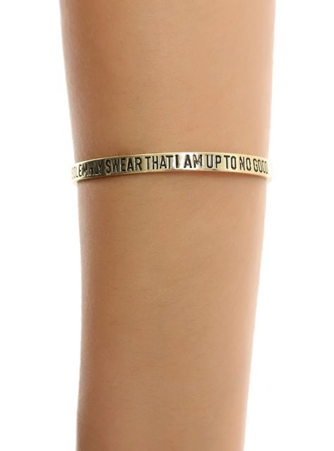 Are you ready to manage some mischief? Then we have the  Harry Potter  bracelet for you. A gold tone cuff reads "I solemnly swear that I am up to no good"       Alloy  1/4" wide  Imported Marauders Bracelet, Hot Topic Harry Potter, Harry Potter Bracelet, Harry Potter Marauders Map, Marauders Map, Metal Cuff Bracelet, Harry Potter Marauders, The Marauders, Christmas List