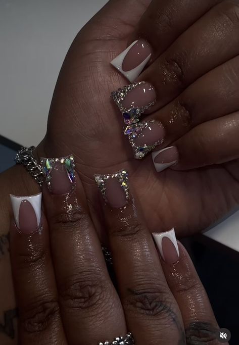 Short Acrylic Nails Dramatic, Short Diamond Acrylic Nails, Short Dramatic Acrylic Nails, Birthday Nail Set Short, Short Diamond French Tip Nails, Short Zodiac Nails, Short Birthday Acrylic Nails, Steletoes Nails French Tip, Duck Nails With Rhinestones