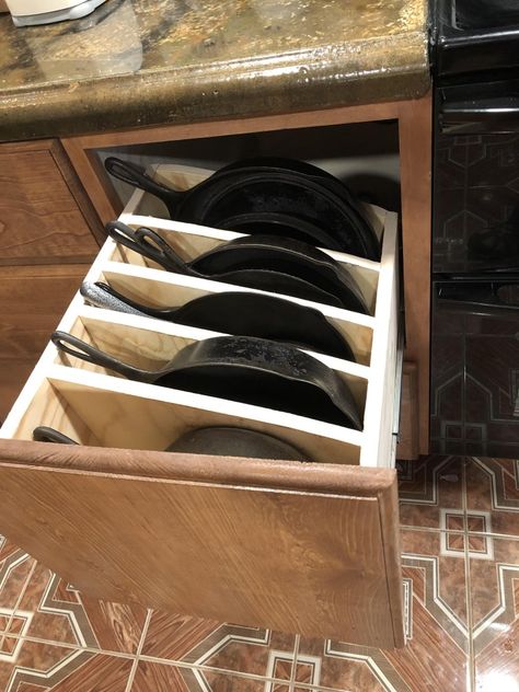 Kitchen Cast Iron Storage, Cast Iron Pans Storage, Storage For Cast Iron Pans, Organizing Cast Iron Pans, How To Display Cast Iron Cookware, Cast Iron Storage Ideas Small Spaces, Storing Cast Iron Cookware, Storing Cast Iron, Cast Iron Pan Storage