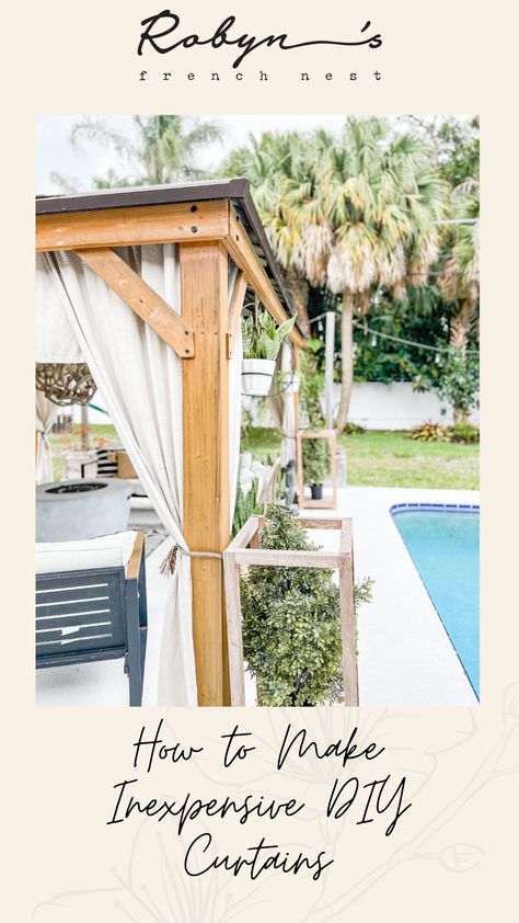 How To Hang Gazebo Curtains, Outdoor Gazebo Curtain Ideas, Diy Pergola Curtains, Pergola Curtains Outdoor Diy, Diy Backyard Shade Ideas Budget, French Backyard Ideas, Diy Gazebo Curtains, Gazebo Curtain Ideas, Diy Cabana Ideas Backyards