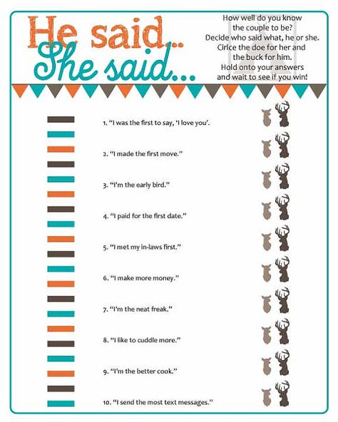 He Said She Said Camp Theme Bridal Shower Game with a doe and a buck. Love. Buck And Doe Games, Stag And Doe Games, Stag And Doe, Camp Theme, Country Bridal Shower, Couples Bridal Shower, Couple Wedding Shower, He Said She Said, Buck And Doe