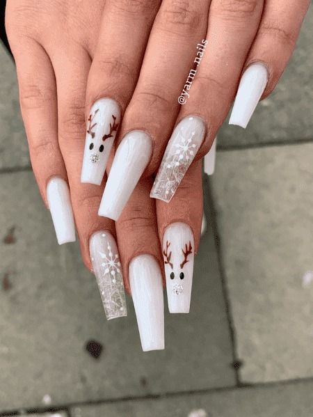 It can be anything, as long as it's holiday-themed! Christmas Nails Simple Acrylic, Simple Christmas Coffin Acrylic Nails, Nails For Christmas White, Cute White Winter Nails, Christmas Nails 2023 White, Milky White Winter Nails, Christmas Nails Clear, Nokti Za Bozic, White Nails Christmas Design