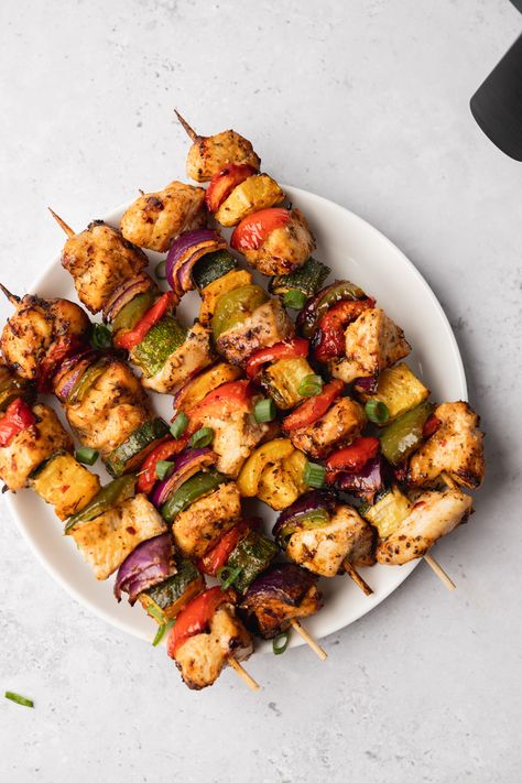 Air Fryer Chicken Kabobs (Chicken Skewers) - cravingsmallbites.com Chicken Veggie Skewers, Air Fryer Chicken And Peppers, Kebabs In Air Fryer, Air Fryer Shish Kabob, Airfryer Chicken Skewers, Air Fryer Chicken Kebab, Air Fryer Skewers, Air Fryer Chicken Skewers, Kabobs In Air Fryer