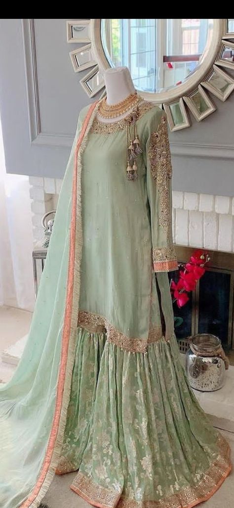 This sgae green gharara and shirt is perfect for day Nikah event Green Garara Dress Pakistani, Gharara For Bridesmaid, Pastel Gharara, Sage Green Gharara, Green Gharara Pakistani Dresses, Bridesmaid Gharara, Green Garara Dress Pakistani Bridal, Green Garara Dress, Garara Designs Pakistani Dresses