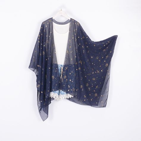 Chiffon Kimono,navy With Gold Starry Print Kimono Jacket,beach Kimono,boho Kimono,chiffon Cover Up,dress Kimono,kimono Cardigan,kimono - Etsy Embellished Kimono, Printed Kimono Jacket, Chiffon Cover Up, Kimono Boho, Dress Kimono, Cardigan Kimono, Blue Kimono, Beach Kimono, Chiffon Kimono