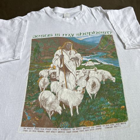 Vintage Vintage Jesus is my Shepherd Holy Bible Promo Tee Shirt | Grailed Vintage Christian Tshirt, Vintage Christian Shirts, Jesus Is My Shepherd, Jesus Shepherd, 90s Culture, Christian Graphic Tees, School Clothing, Jesus Piece, Spring School