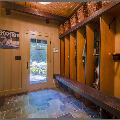 Ski House Mudroom Ideas, Ski House Mudroom, Ski Boot Storage, Ski Mudroom, Ski Mud Room, Entryway Lockers, Cabin Mud Room, Modern Ski House, Modern Ski Home