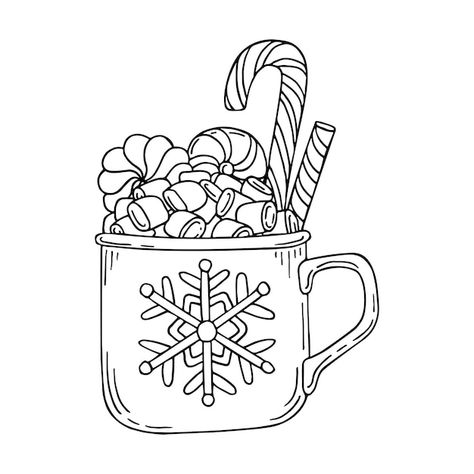 Hot Chocolate Art, Coloring Page Christmas, Hot Chocolate With Marshmallows, Chocolate With Marshmallows, Holiday Hot Chocolate, Vector Doodle, Christmas Apps, White Line Art, Hot Chocolate Marshmallows