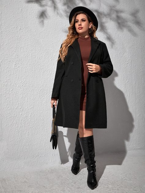 Black Elegant  Long Sleeve Wool-Like Fabric Plain Regular  Non-Stretch Fall/Winter Plus Size Outerwears Long Black Wool Coat, Long Coat Outfit, Black Overcoat, Winter Plus Size, Plus Size Fall Outfit, Plus Size Fall, Black Wool Coat, Women Coat, Coat Outfits