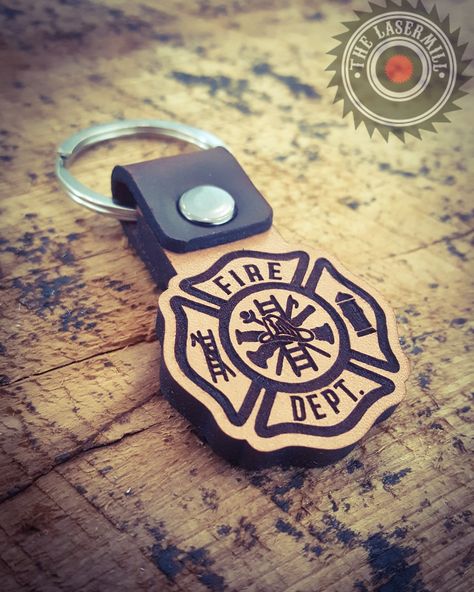 Fire Dept. Leather Keychain 14oz - Veg Tan, laser engraved. Engraved Leather Keychain, Easy Laser Engraving Projects, Glowforge Leather Projects, Laser Engraving Leather Ideas, Laser Leather Ideas, Leather Engraving Ideas, Glowforge Keychains, Laser Engraving Ideas, Bunny Tracks