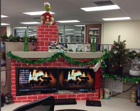 Christmas cubicle decorations - fireplace Holiday Office Decor, Christmas Desk Decorations, Christmas Cubicle Decorations, Cubicle Decor Office, Office Christmas Party, Office Cubicle, Cubicle Decor, Office Christmas Decorations, Office Holiday