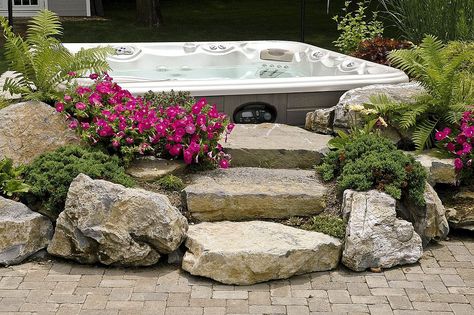 Landscaped Hot Tub surround with moss rock steps www.longislandhottub.com Solar Pool Heater Diy, Rock Steps, Hot Tub Landscaping, Hot Tub Surround, Hot Tub Patio, Hot Tub Designs, Outdoor Hot Tub, Hot Tub Deck, Hot Tub Backyard