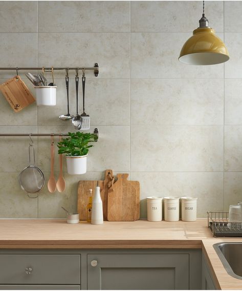 Scandi Kitchen Tiles, Cream Tile Kitchen, Kitchen Inspo Color Schemes, Cream Tiles Kitchen, Kitchen Tiles Ideas Wall, Scandinavian Kitchen Tiles, Kitchen Wall Tiles Ideas, Kitchen Without Upper Cabinets, Minimalist Kitchen Tiles