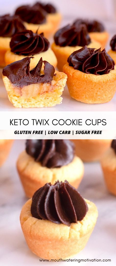 Keto Twix Cookie Cups. Are you a Twix chocolate bar fan? They used to be my absolute favourite! These little cookie cups are the perfect keto substitute. They have a delicious buttery shortbread crust with a sweet caramel filling and a rich chocolate ganache on top. An awesome keto dessert or low carb snack! #ketotwixcookiecups #ketotwixbars #ketotwixcookies #ketomillionareshortbread #lowcarbmillionaireshortbread Keto Twix Cookies, Keto Shortbread Cookies, Twix Cookie, Keto Shortbread, Twix Chocolate, Keto Cupcakes, Caramel Filling, Twix Bar, Keto Cookie Recipes