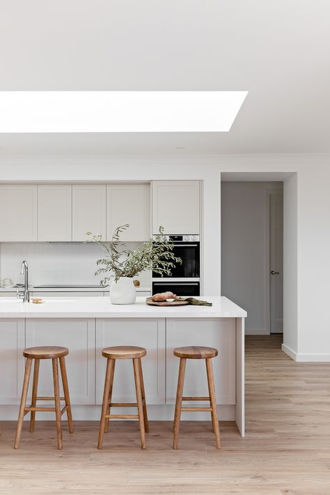 Kitchen Bench Colours, Neutral Kitchen Splashback, Neutral Kitchen Ideas Modern, Kitchen With Sunlight, Kitchens With Skylights, Light Neutral Kitchen, Cottage Kitchen Modern, Neutral Colour Kitchen, Kitchen Skylight Ideas