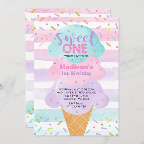 Ice Cream Invitation Sweet One 1st Birthday | #icecream #icecreamparty #icecreambirthday #icecreamparlour #icecreamsocial #icecreaminvitation #sweetone #icecreamsweetone #sweetoneparty #sweetonebirthday Two Sweet 2nd Birthday, Sweet One 1st Birthday, Ice Cream Invitation, Carnival Birthday Invitations, Birthday Ice Cream, Cream Birthday Party, Ice Cream Parlour, Ice Cream Birthday Party, Mermaid Birthday Invitations