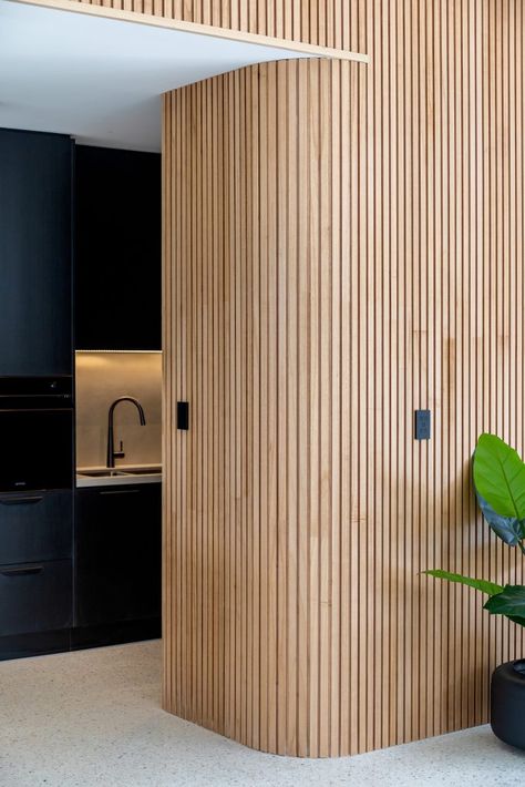 Timber Lining Boards, Timber Feature Wall, Timber Wall Panels, Accent Wall In Kitchen, Timber Slats, Wood Slat Wall, Timber Walls, Timber Panelling, Curved Walls