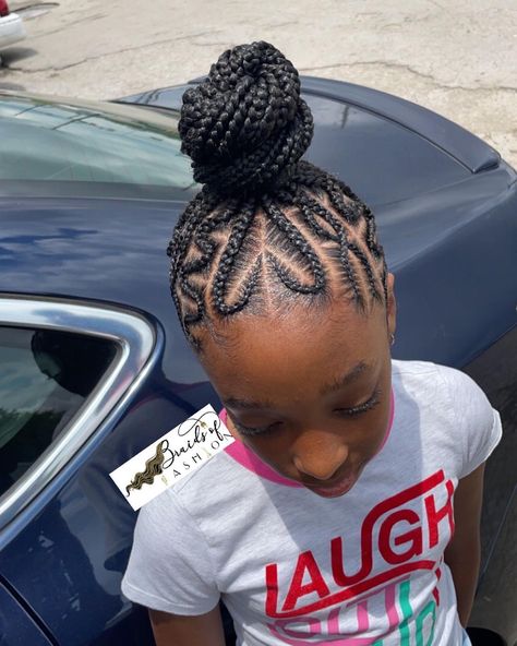 Braided Ponytail With Designs For Black Women, Braids Braided Into A Bun, Braided Bun With Heart, Two Buns Braided Hairstyle, Kids Braided Bun Hairstyles Black, Cornrows For Little Black Girls Hair, Braided Bun Hairstyles For Kids, Kids Braids With Heart Design, Braided Buns For Black Hair Kids