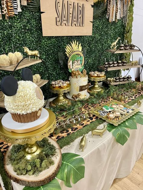 Safari Mickey Mouse Birthday Party Ideas | Photo 1 of 33 Wild One Party Table Decor, Safari Birthday Dessert Table, Safari Theme Food Table, Wild One Birthday Dessert Table, Mickey Safari Dessert Table, Jungle Safari Table Decorations, Dessert Table Safari Theme, Wild One Birthday Party Decor, Safari Table Decorations Jungle Theme Birthday Party Ideas