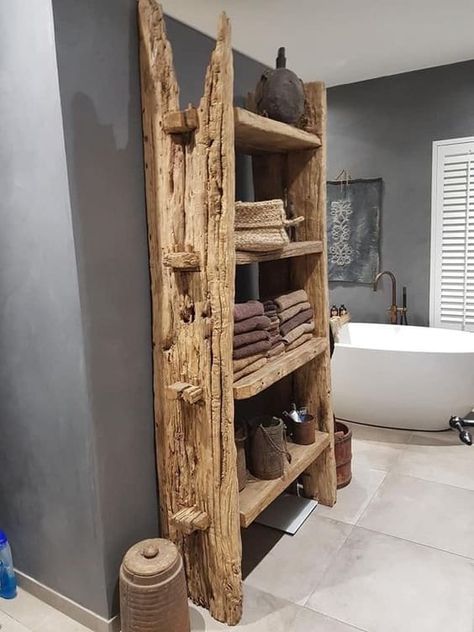 Reclaimed Wood Bathroom Shelves, Woodsy House Decor, Unique Bathroom Shelves, Barnwood Shelves Living Room, Rustic Shelving Ideas, Wood Shelf Kitchen, Crate Shelves Bathroom, Wood House Interior, Bathrooms Rustic