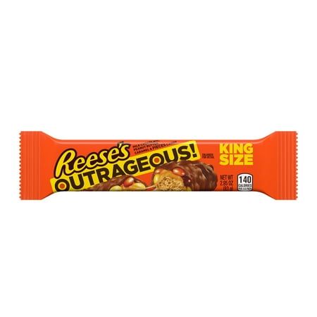 Get ready to meet your new favorite peanut butter snack! REESE'S OUTRAGEOUS! candy bars are an unbeatable combination of creamy caramel, peanut butter, crunchy REESE'S PIECES candy and divine milk chocolate. This outrageous snack makes any day sweet, whether you eat a bar alone or break it in half to share with a friend, family member or co-worker. Kosher certified REESE'S OUTRAGEOUS! candy bars make every day a little more outrageous, whether celebrating a major holiday or enjoying a snacking moment on an ordinary day. Share them with everyone you love, but don't forget to save a bar for yourself! Size: 2.95 oz. Single Serve Snacks, Reeses Candy, Peanut Butter Caramel, Reese's Pieces, Peanut Butter Snacks, Butter Caramel, Creamy Caramel, Chocolate Candy Bar, Candy Bars