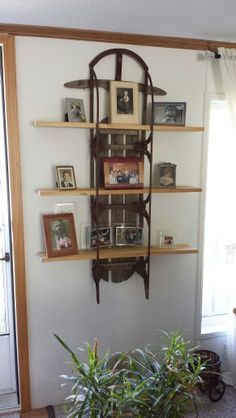 My sled shelf! Old Items Repurposed, Sled Shelf, Refinishing Basement, Basement Game Room, Fairy Pots, Table Ikea, Collection Display, Basement Walls, Display Furniture