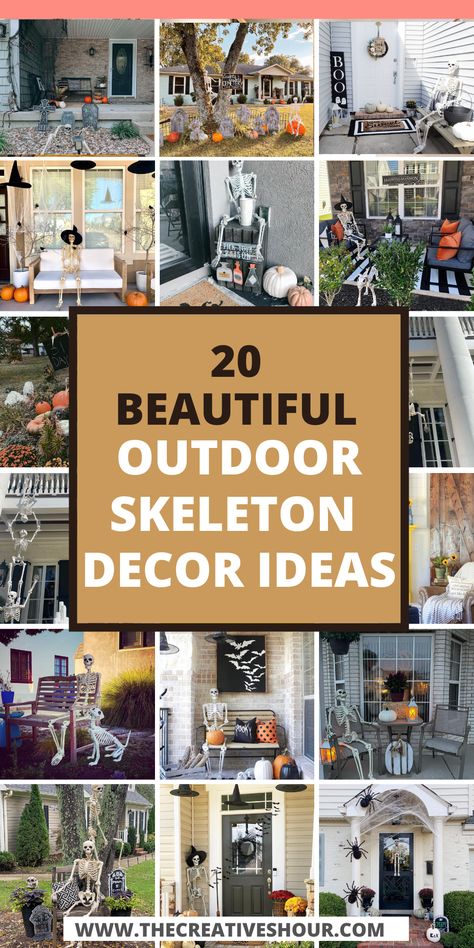 20 Spooktacular Outdoor Skeleton Decor Ideas You Should Try Halloween Skeleton Decorations Outdoor Ideas, Skeleton Outdoor Decor Ideas, Skeleton House Decor Outdoor, Decorating With Skeletons Outside, Skelton Ideas For Yard, Skeleton Front Yard Decor, Outdoor Halloween Skeleton Ideas, Skeleton Outdoor Halloween Decor, Poseable Skeleton Ideas Outdoor