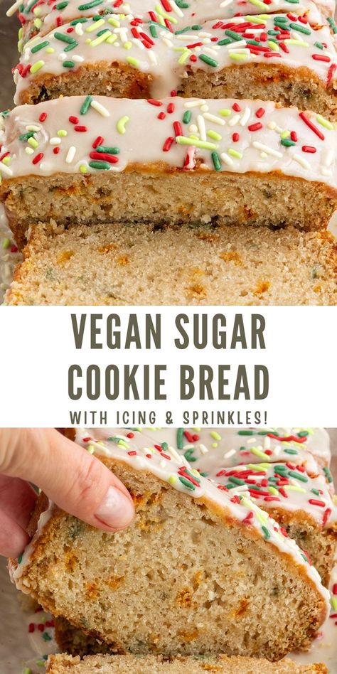 This Vegan Sugar Cookie Bread is easy to make in one bowl and tastes just like your favorite sugar cookies in loaf cake form! If you are looking for the best dairy-free & eggless sprinkle loaf cake, then you will love this festive cake recipe for Christmas. Vegan Loaf Bread, Vegan Loaf Recipes, Christmas Vegan Recipes, Vegan Loaf, Cookie Bread, Christmas Vegan, Vegan Breads, Vegan Christmas Cookies, Vegan Sugar Cookies