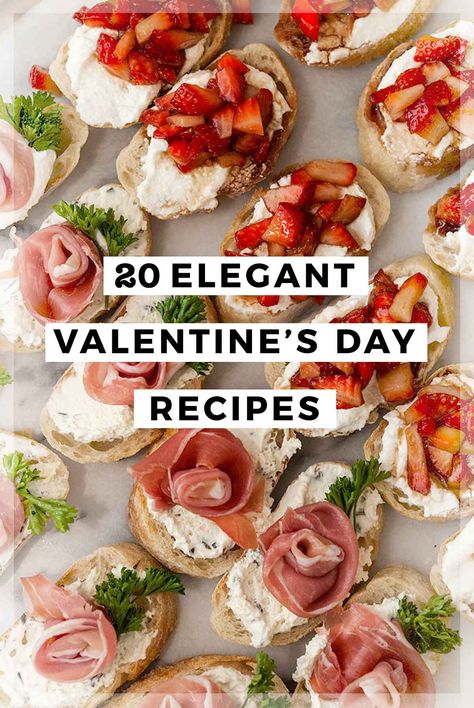 These 20 elegant Valentine's Day Recipes are romantic, colorful, decadent and perfect for a night-in with someone special. Galentines Party Appetizer Ideas, Valentine Day Food Ideas For Party, Valentines Dinner Set Up For Two, Vday Appetizer, Elegant Appetizers Entertaining, Galentines Party Recipes, Hosting Valentines Dinner, Appetizer For Valentine's Day, Valentine Menu Dinner