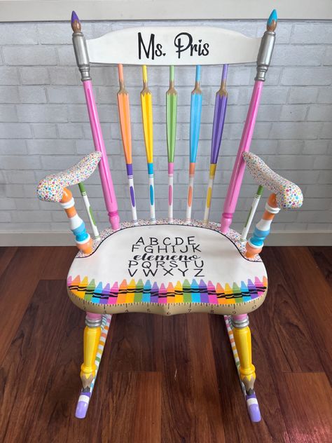 Diy Classroom Chairs, Teacher Rocking Chairs For Classroom, Kindergarten Teacher Rocking Chair, Wooden Teacher Chair, School Rocking Chair, Rocking Chair For Classroom, Painted Teacher Chair Classroom, Diy Teacher Stool, Classroom Chair Ideas