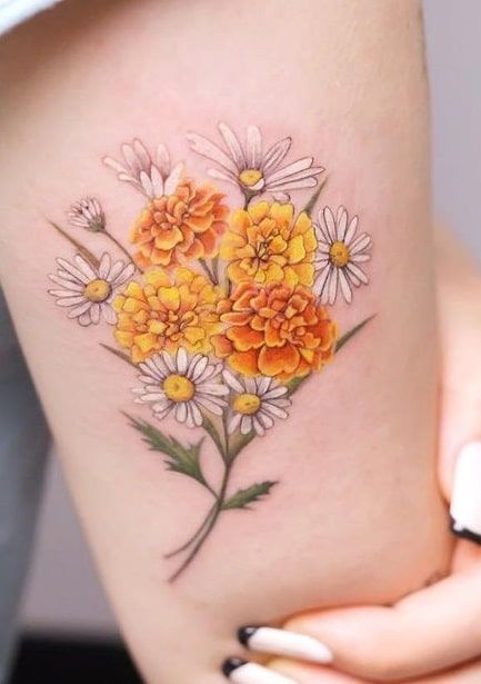 Sunflower Marigold Tattoo, Marigold Chrysanthemum Tattoo, Daisy Marigold Tattoo, Marigold And Daisy Flower Tattoo, Marigold Flower Tattoo Sleeve, Mari Gold Flower Tattoo, Marigold Flowers Tattoo, Yellow Carnation Tattoo, Orange Marigold Tattoo