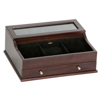 Hampden Mens Glass Top Wooden Dresser Top Valet - 11.75L x 9.63W in. | Hayneedle Mens Dresser, Dresser Valet, Mens Valet, Dresser Top, Wooden Dresser, Box Wood, Small Organization, Space Furniture, Watch Box