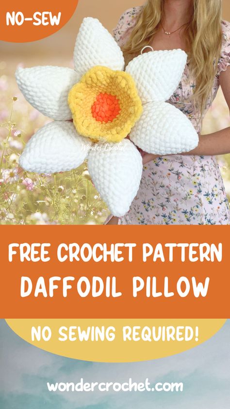 Embrace the sunny vibes with this adorable DIY project! 🌼 Create your very own no-sew daffodil pillow using this free crochet pattern. It's the perfect way to add a touch of warmth and charm to any room. Get creative and let your crochet skills blossom! 🌼✨ #DIY #CrochetPattern #FlowerPillow #NoSewCrochet Flower Petal Crochet Pattern, Flower Pillow Crochet, Crochet Flower Pillow, Crocheted Plushies, Wonder Crochet, Crochet Daffodil, Cute Crochet Patterns, Crochet Pillow Patterns Free, Sunny Vibes